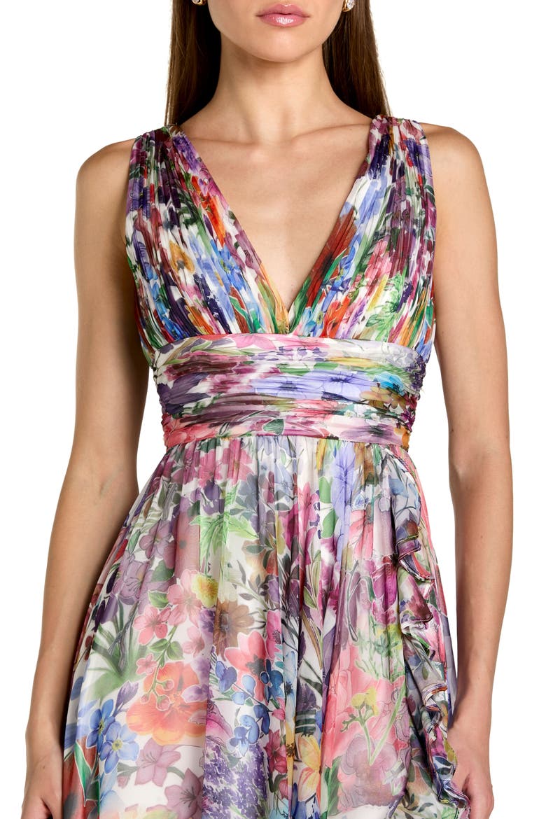 Sleeveless Printed Chiffon V-Neck Ruched Waist Gown, Alternate, color, Multi