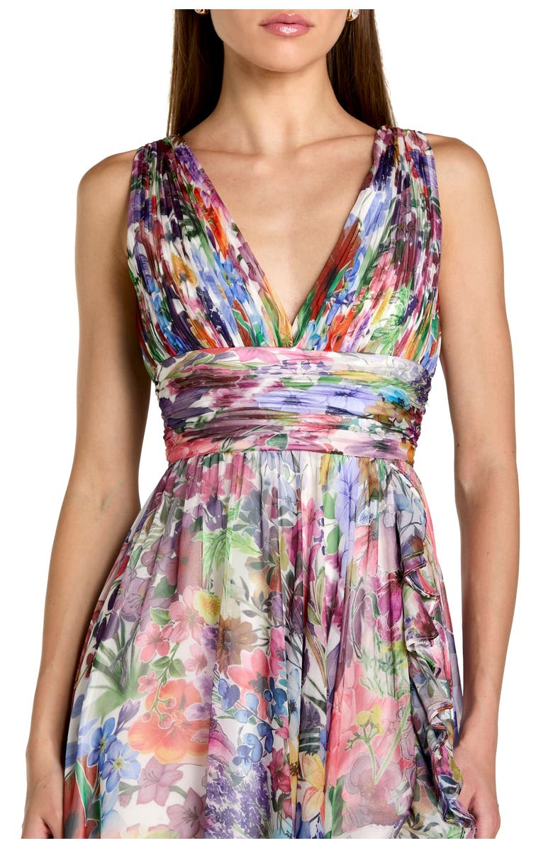 Mac Duggal Sleeveless Printed Chiffon V-Neck Ruched Waist Gown, Alternate, color, Multi
