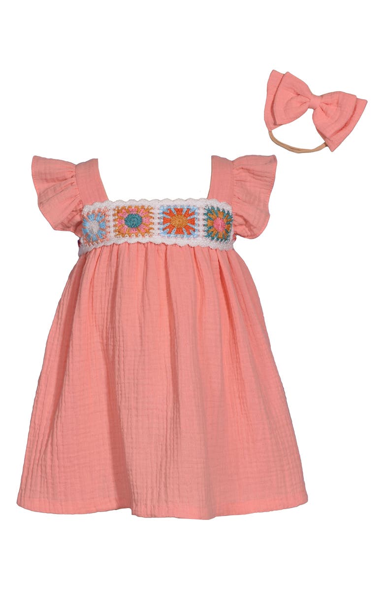 GERSON & GERSON Crochet Trim Dress & Headband Set, Main, color, Coral
