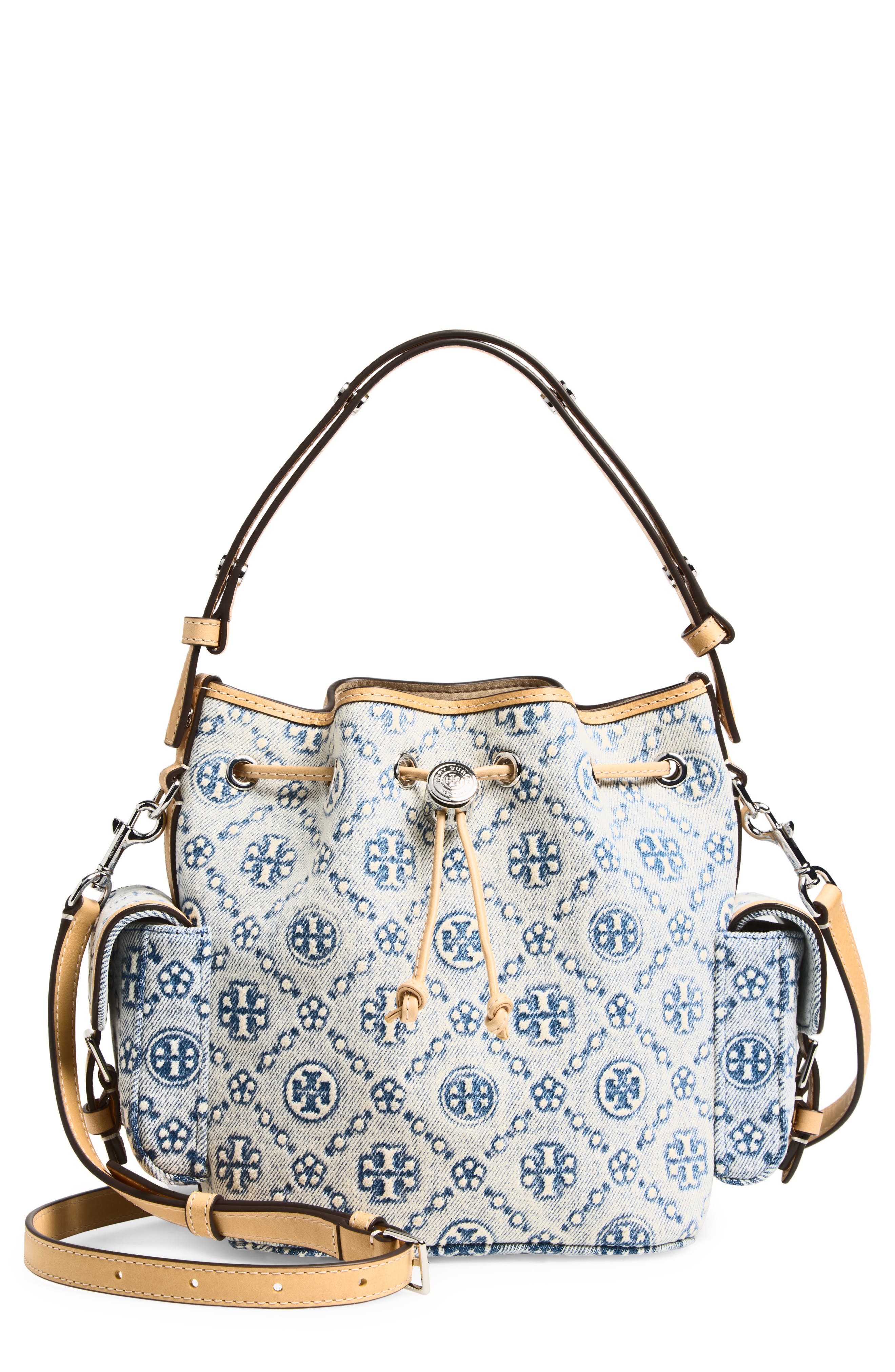 Tory Burch T Monogram Denim Bucket Bag In Blue