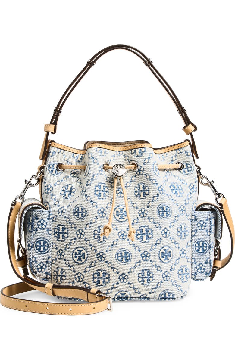 Tory Burch T Monogram Denim Bucket Bag, Main, color, Powder Blue
