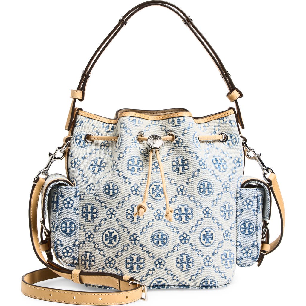 Tory Burch T Monogram Denim Bucket Bag In Blue
