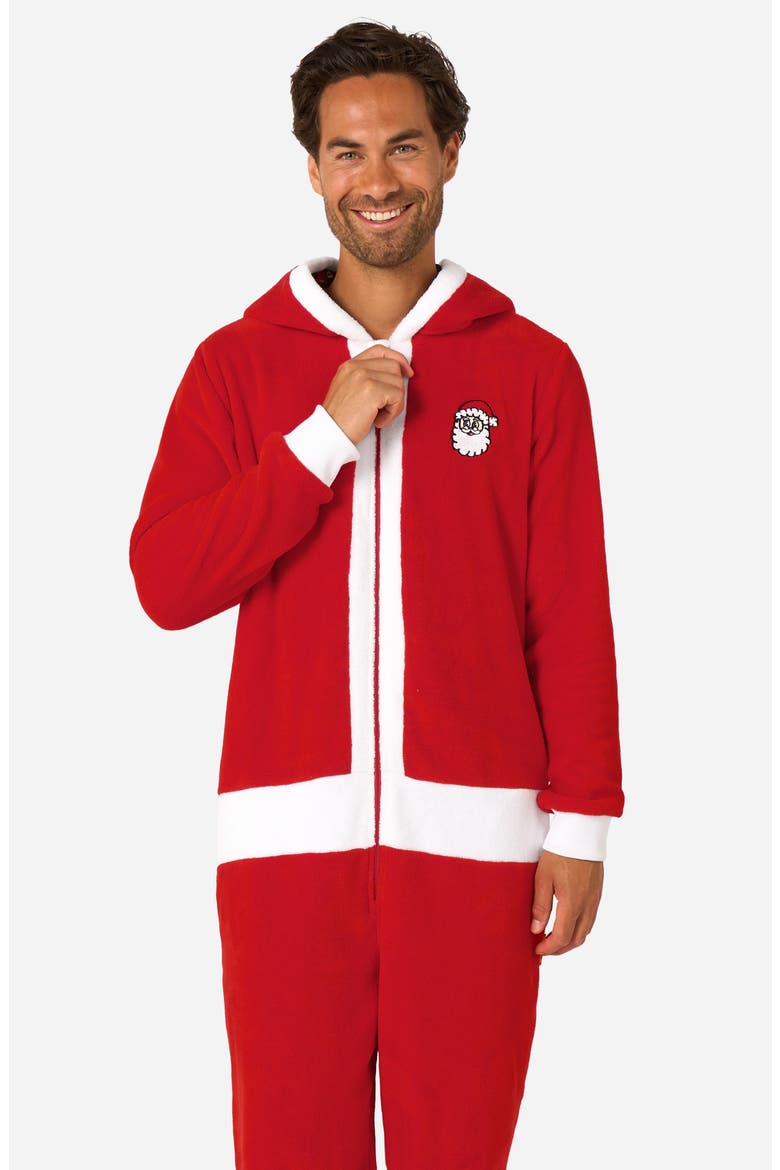 Merry Jinglejoy Holiday Hooded Fleece Costume Jumpsuit, Alternate, color, RED