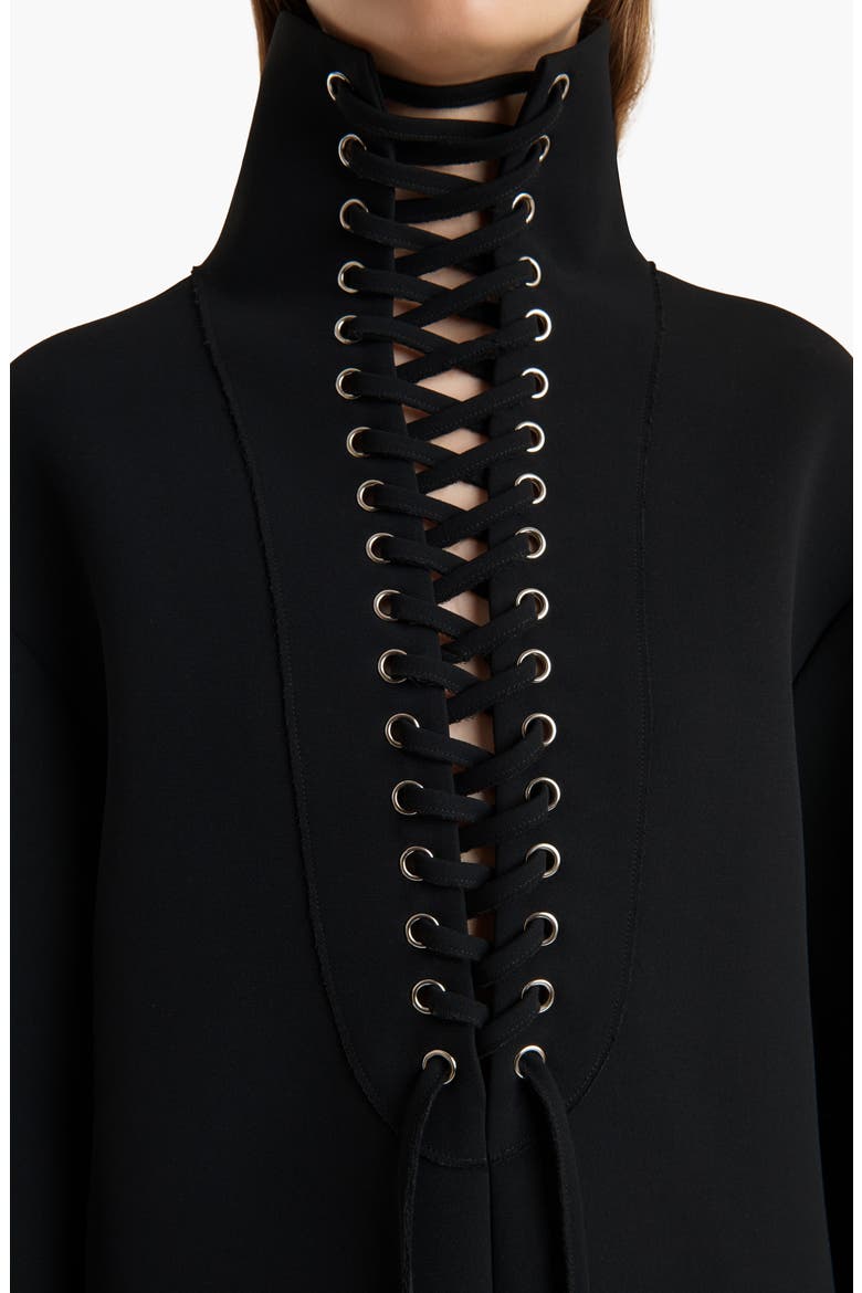 Lee Lace-Up Long Sleeve Double Face Crepe Dress, Alternate, color, BLACK