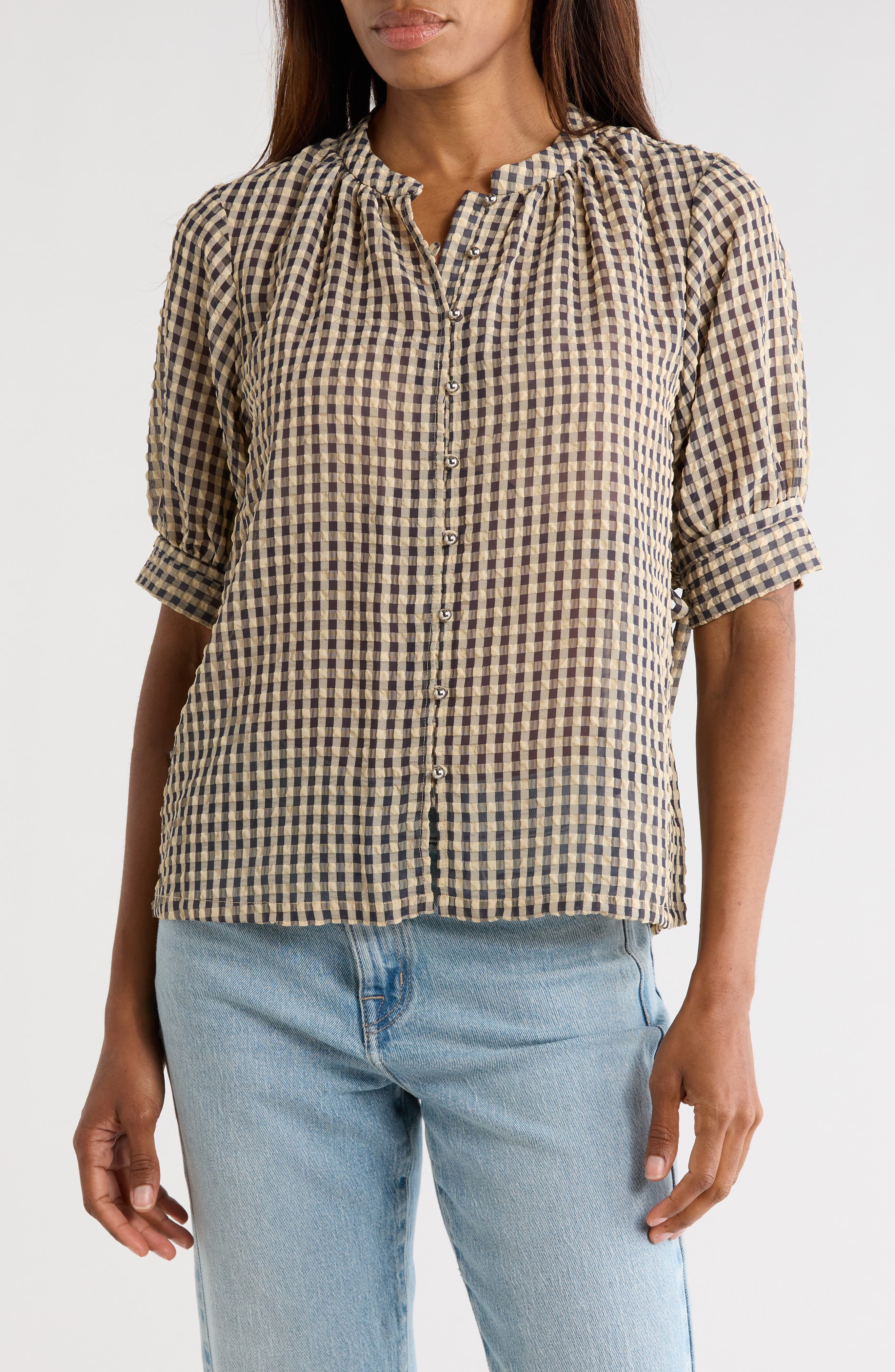 Aster Gingham Short Sleeve Button-Up Top
