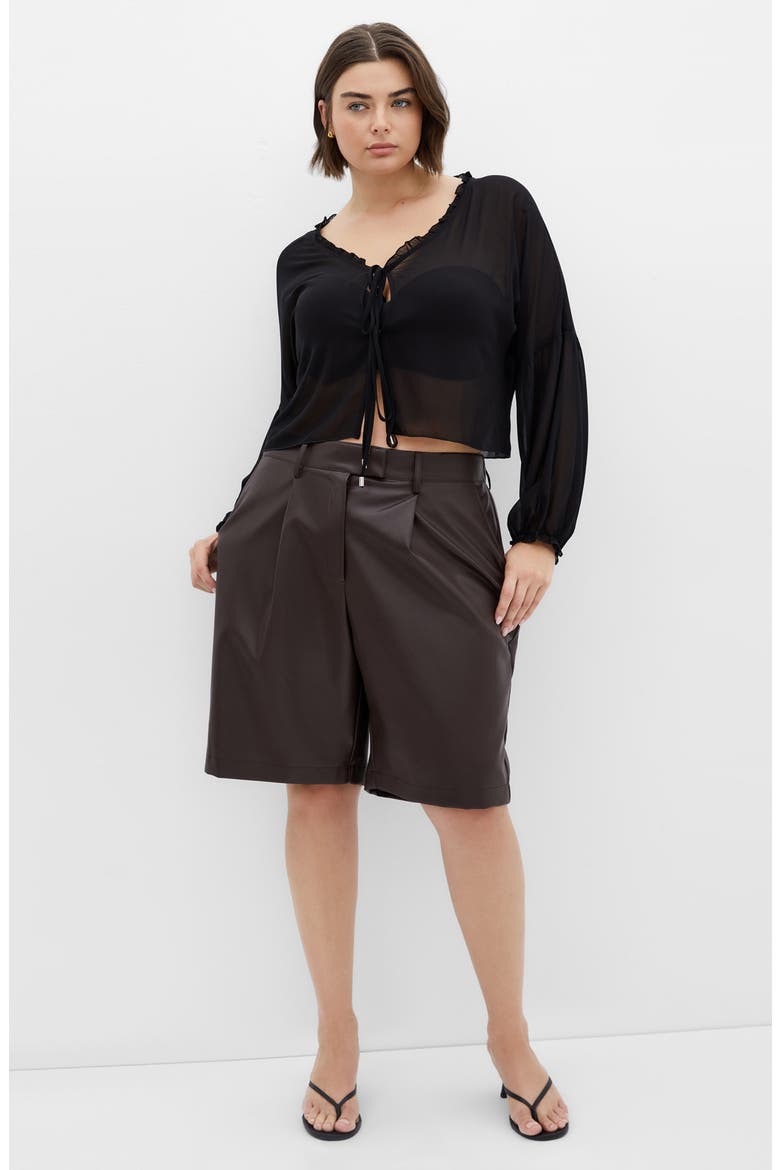 Corina Ruffle Trim Sheer Tie Neck Top, Alternate, color, BLACK