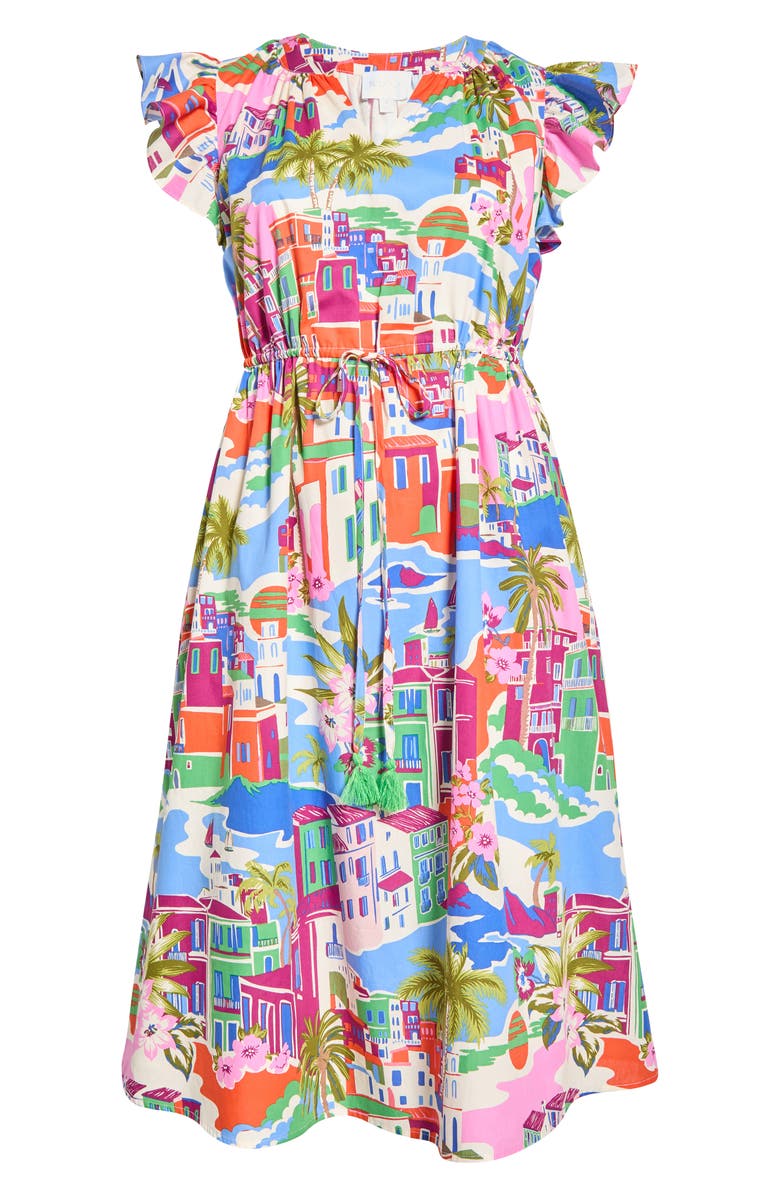 SUGARLIPS Karani Starburst Flutter Sleeve Tie Waist Midi Dress, Alternate, color, Cream Blue Multi