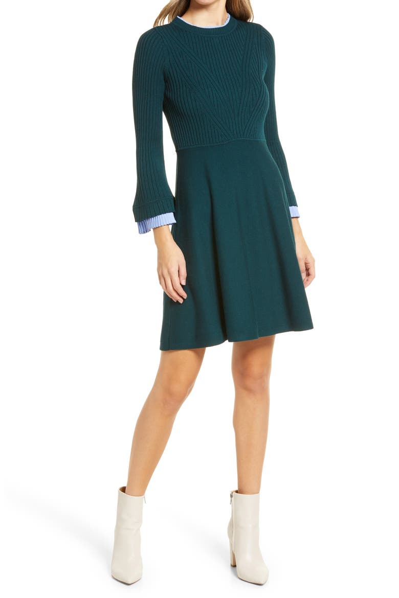 Long Sleeve Fit & Flare Sweater Minidress, Main, color, GREEN