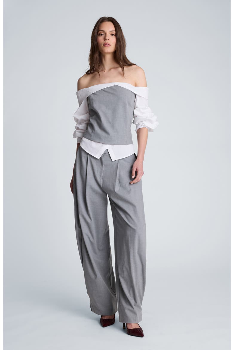 Pleated Sleeve Off the Shoulder Top, Alternate, color, LIGHT FOG HEATHER/ PURE WHITE