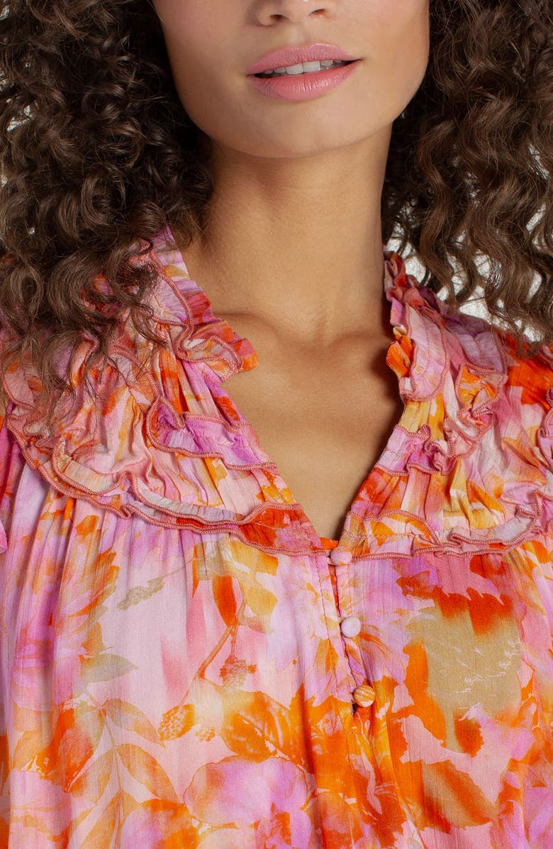 Liverpool Los Angeles Floral Print Ruffle Top, Alternate, color, Orange/ Pink Multi