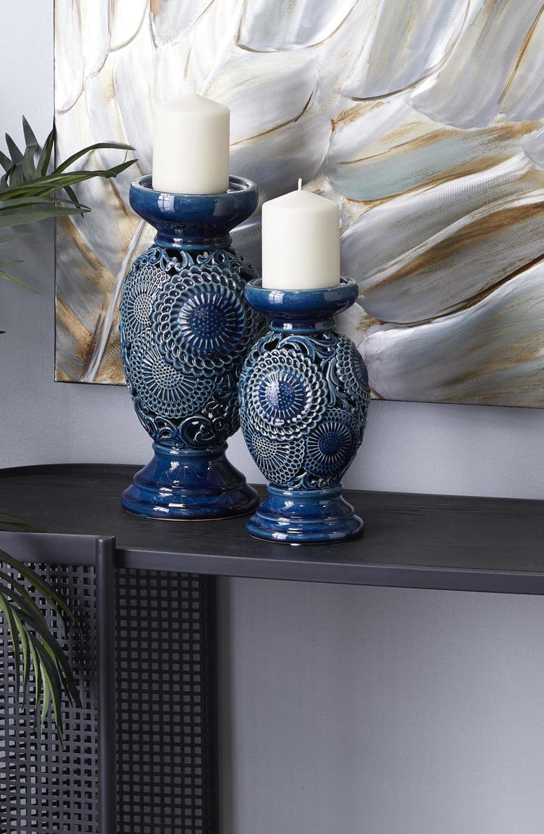 WILLOW ROW Eclectic Blue Ceramic Candle Holder, Alternate, color, Blue