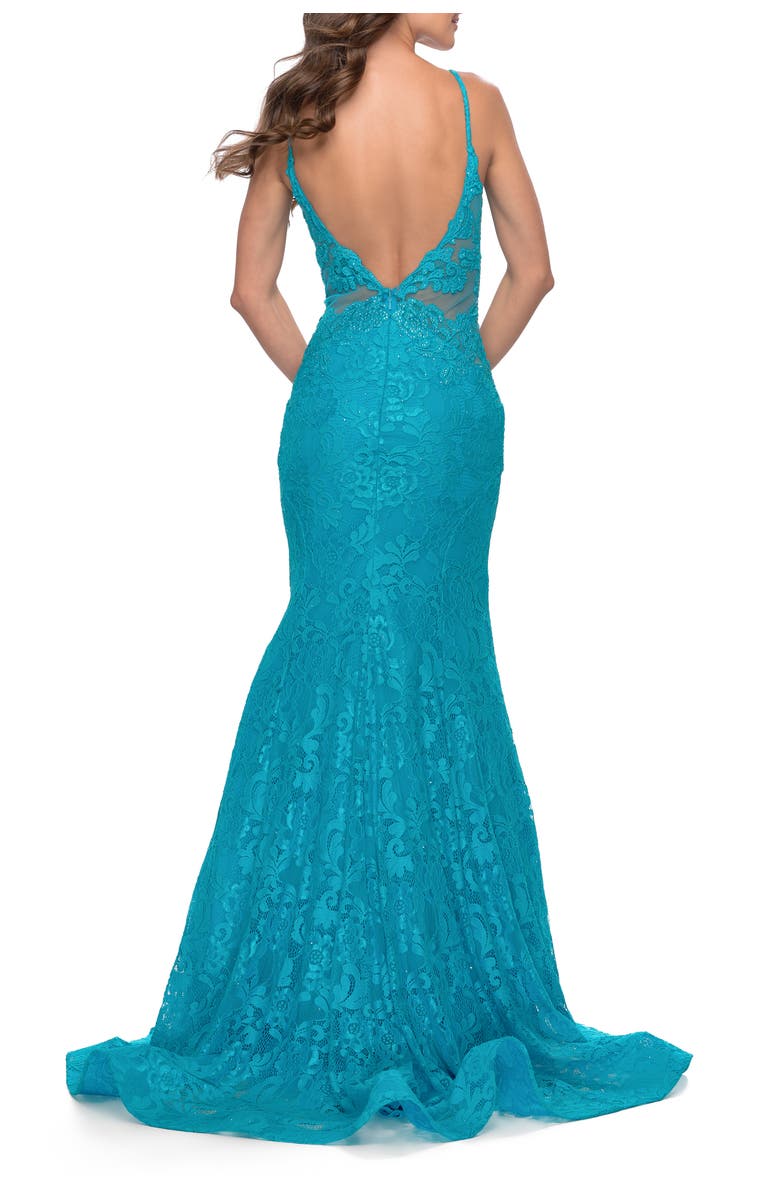 La Femme Long Mermaid Lace Dress with Back Rhinestone Detail, Alternate, color, Aqua