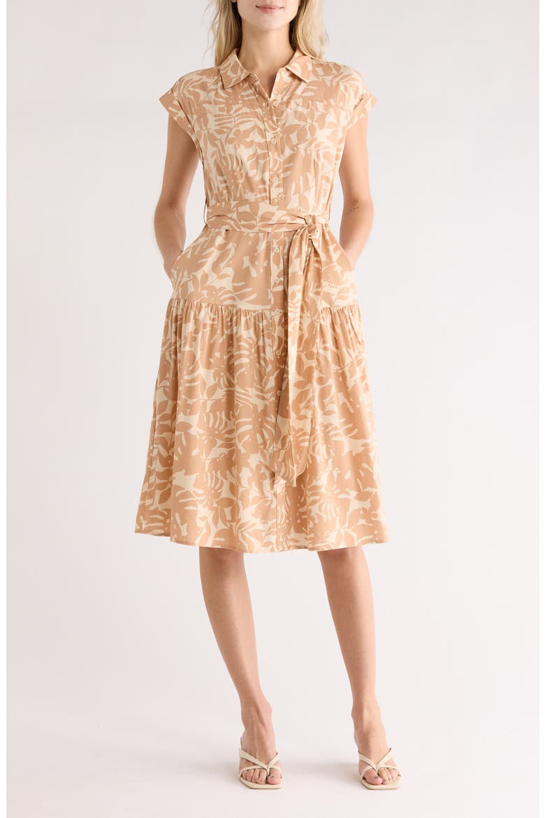 Cap Sleeve Tie Waist Shirtdress, Main, color, TAN TROPIC