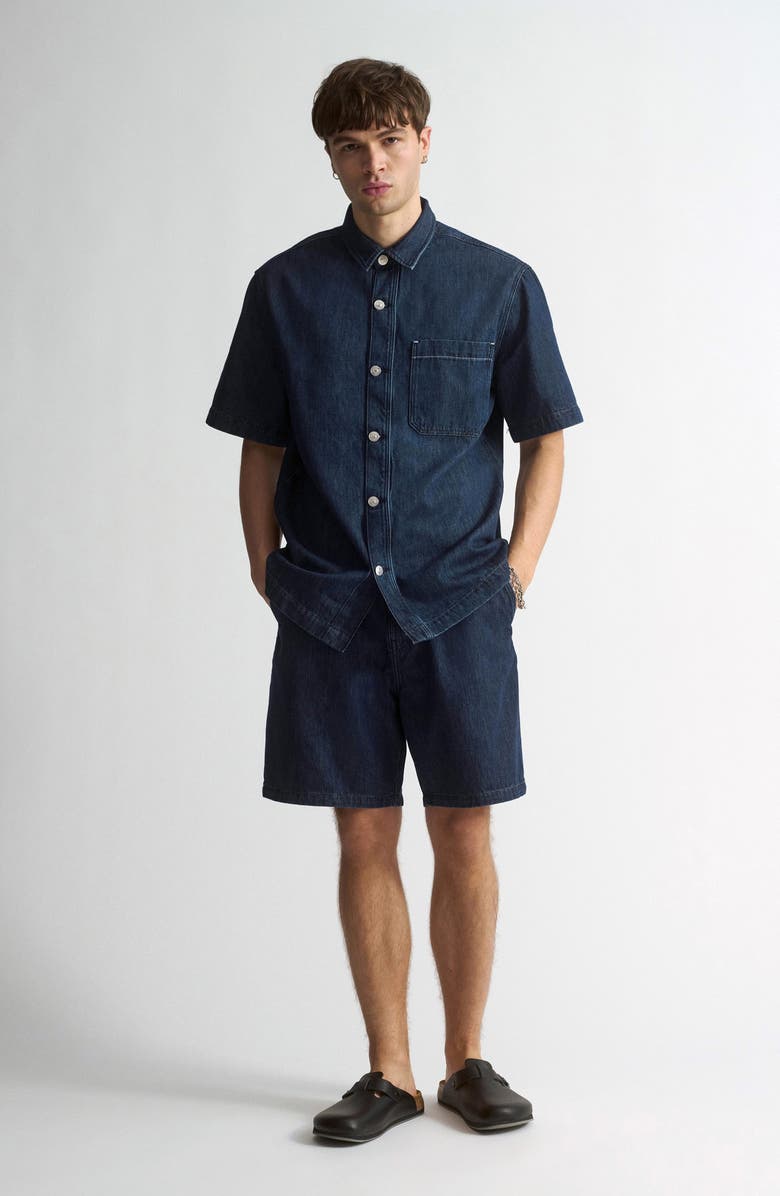 Brooklyn Industries Denim Graphic Short Sleeve Button-Up Shirt, Alternate, color, Dark Indigo