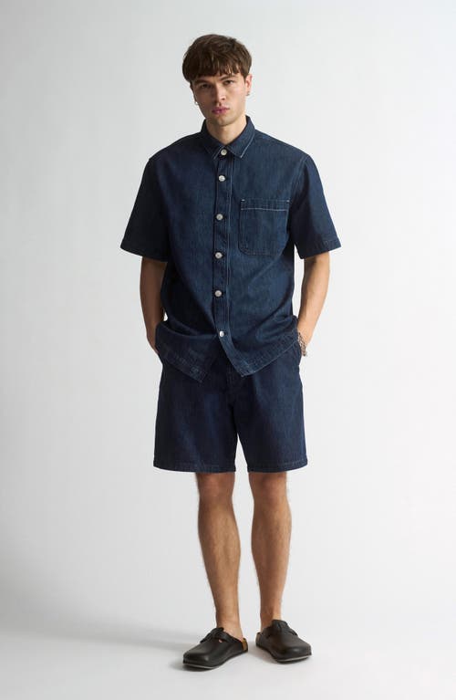 Brooklyn Industries Denim Graphic Short Sleeve Button-up Shirt In Blue