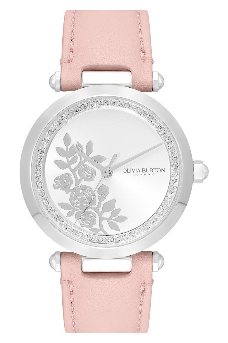 Signature Florals Leather Strap Watch, 34mm, Main, color, PINK