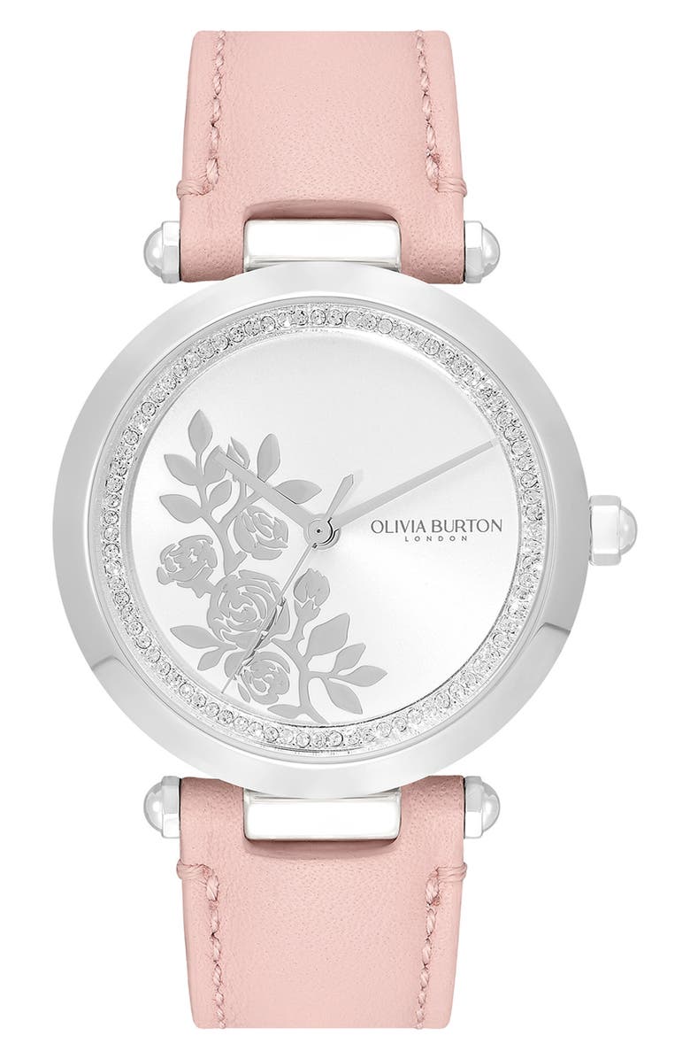 Olivia Burton Signature Florals Leather Strap Watch, 34mm, Main, color, 