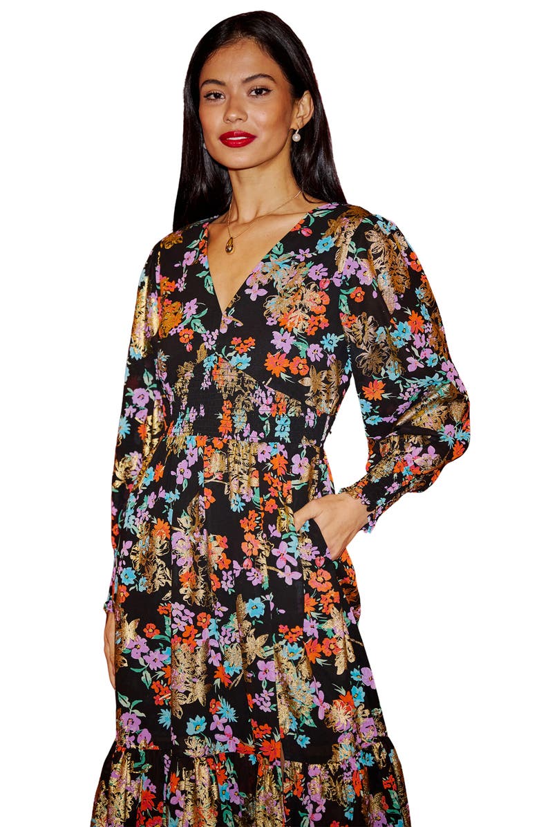 Yumi Floral And Foil Ruched Midi Dress, Alternate, color, Black