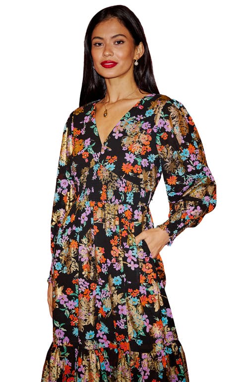 Yumi Floral And Foil Ruched Midi Dress In Black