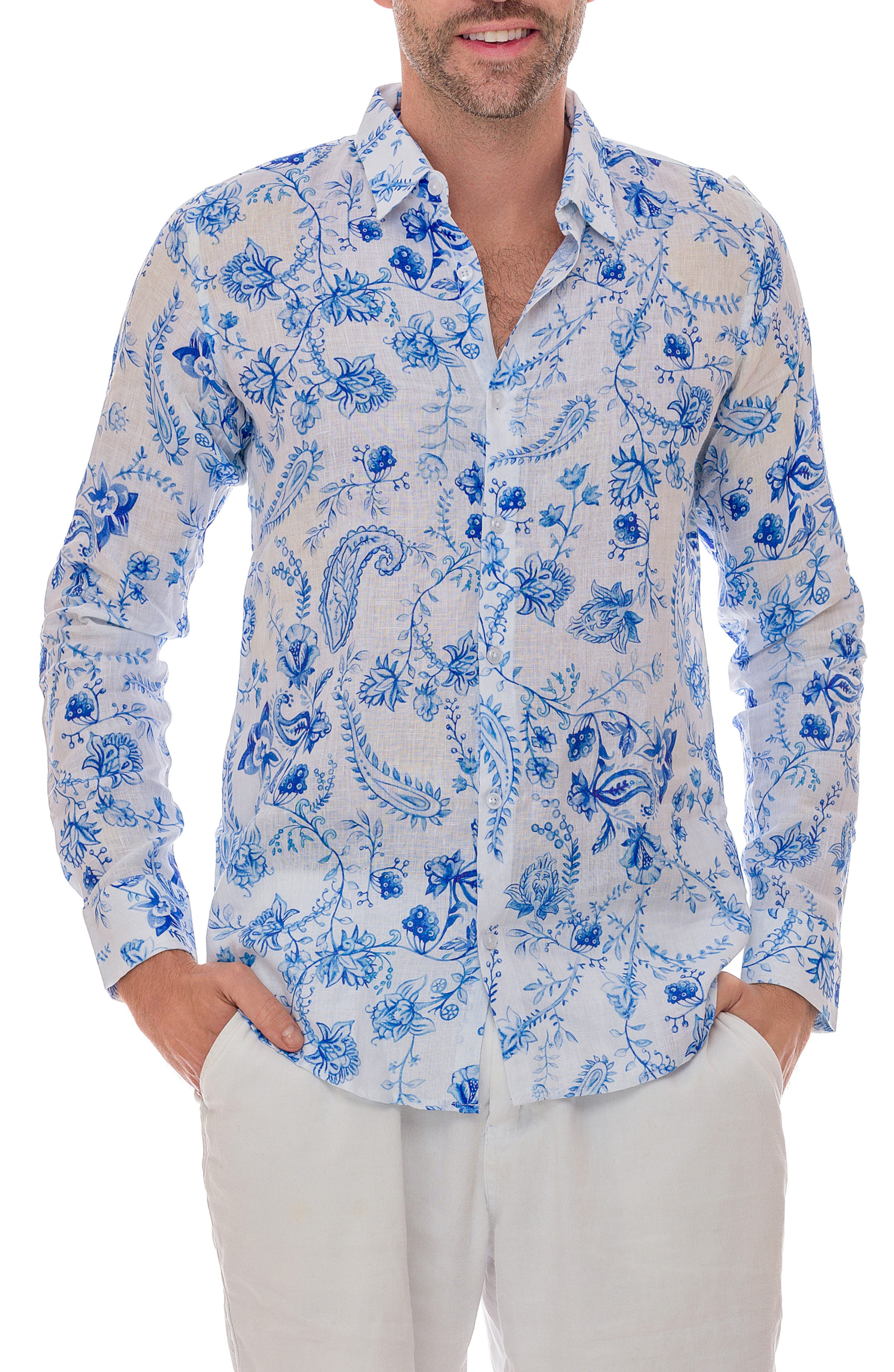 RANEES Chinoiserie Linen Button-Up Shirt