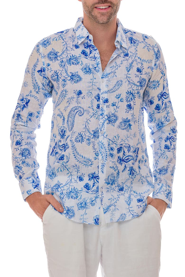 Chinoiserie Linen Button-Up Shirt, Main, color, WHITE
