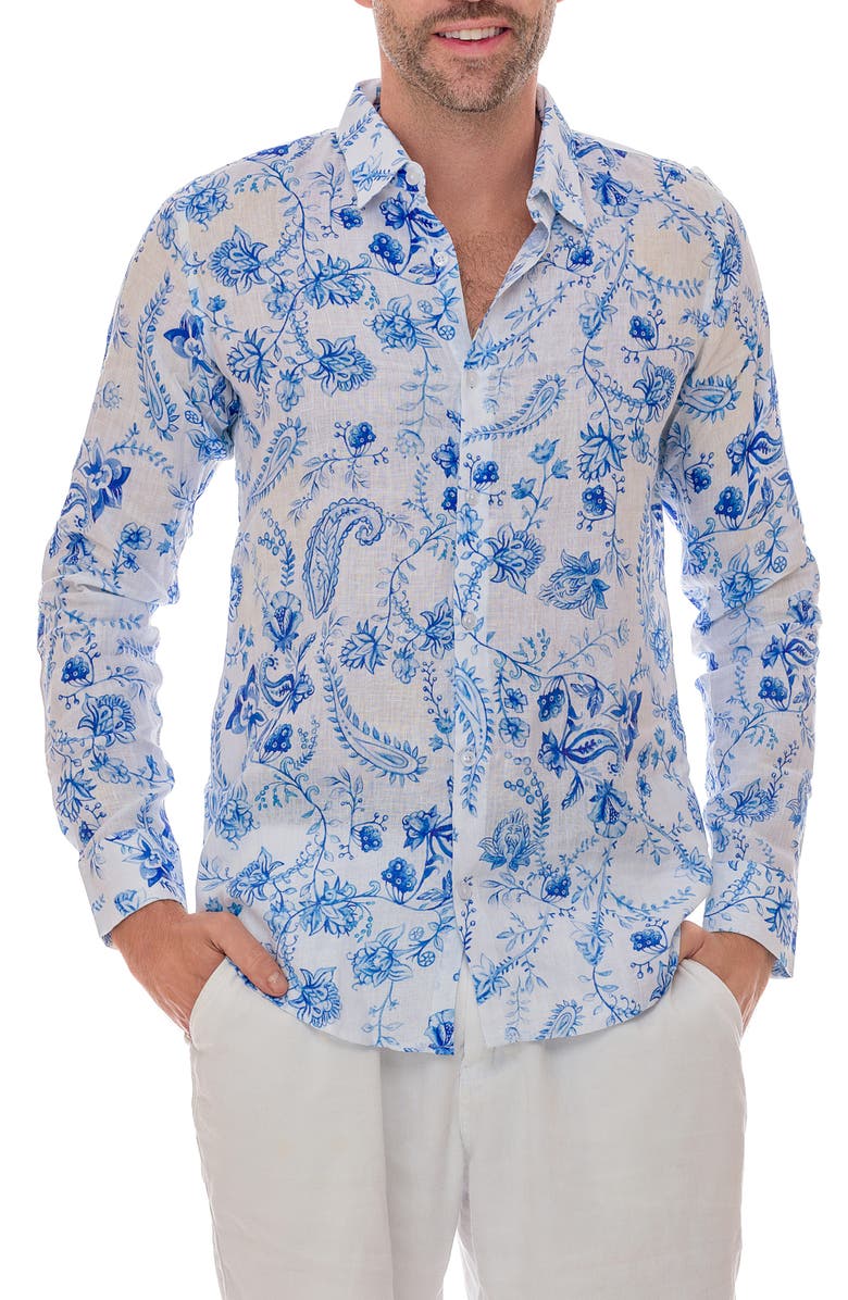 RANEES Chinoiserie Linen Button-Up Shirt, Main, color,