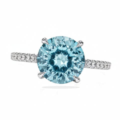 Round Lab Aquamarine & Diamond Solitaire Ring 14K