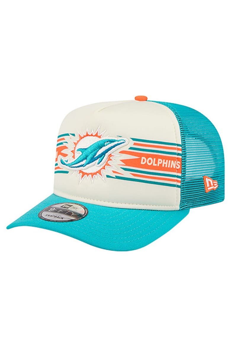 Men's New Era  Cream/Aqua Miami Dolphins Banner A-Frame 9FIFTY Trucker Snapback Hat, Main, color, Cream