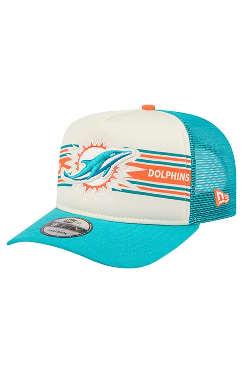 New Era Men's New Era  Cream/Aqua Miami Dolphins Banner A-Frame 9FIFTY Trucker Snapback Hat, Main, color, Cream