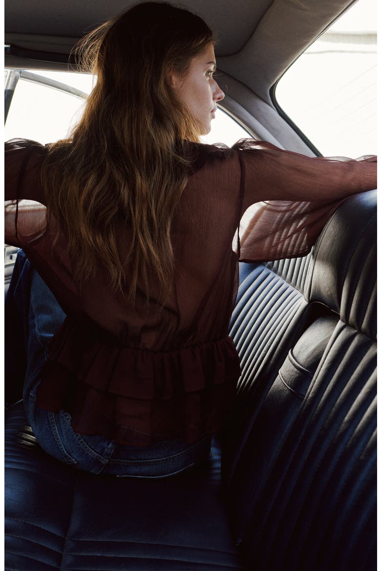 Sheer Ruffle Shirt, Alternate, color, CHOCOLATE