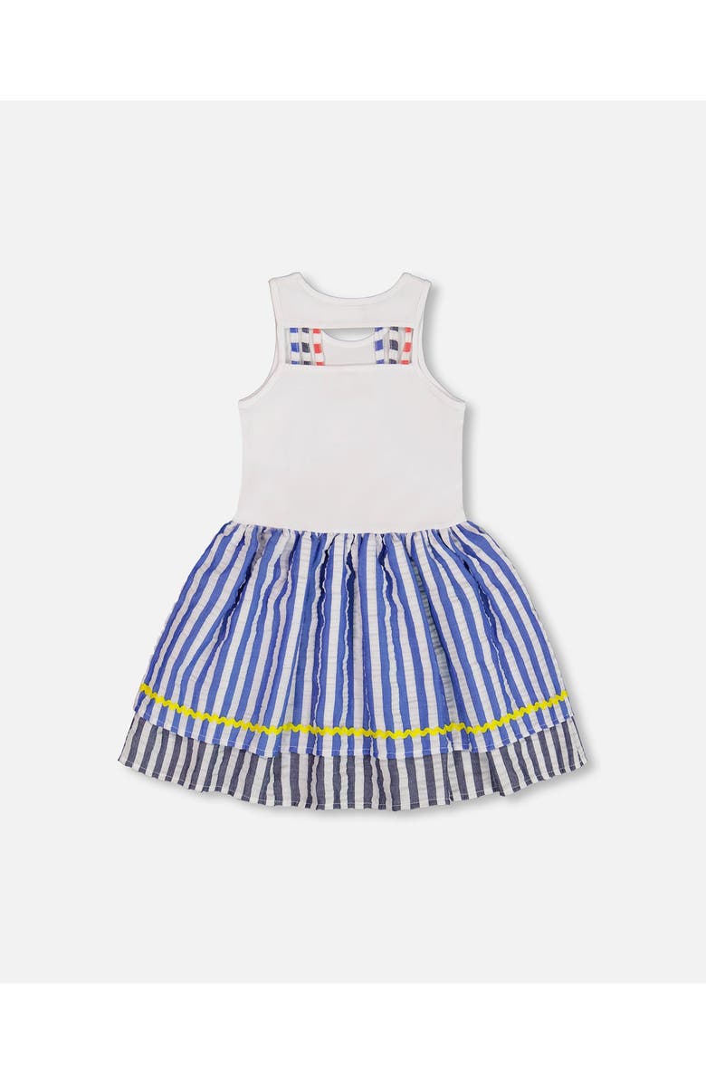 Deux par Deux Girl's Bi-Material Cotton And Seersucker Dress White And Royal Blue, Alternate, color,