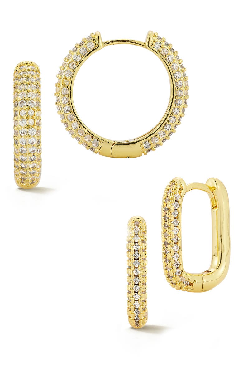 Set of 2 Pavé Cubic Zirconia Huggie Hoop Earrings, Main, color, GOLD