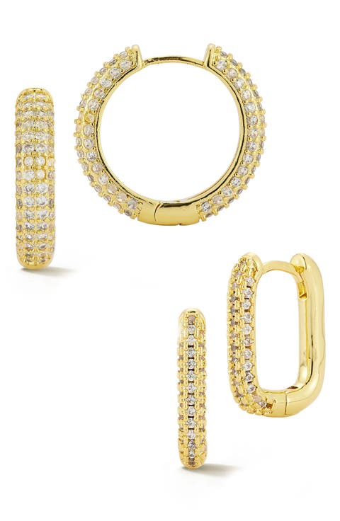 Set of 2 Pavé Cubic Zirconia Huggie Hoop Earrings