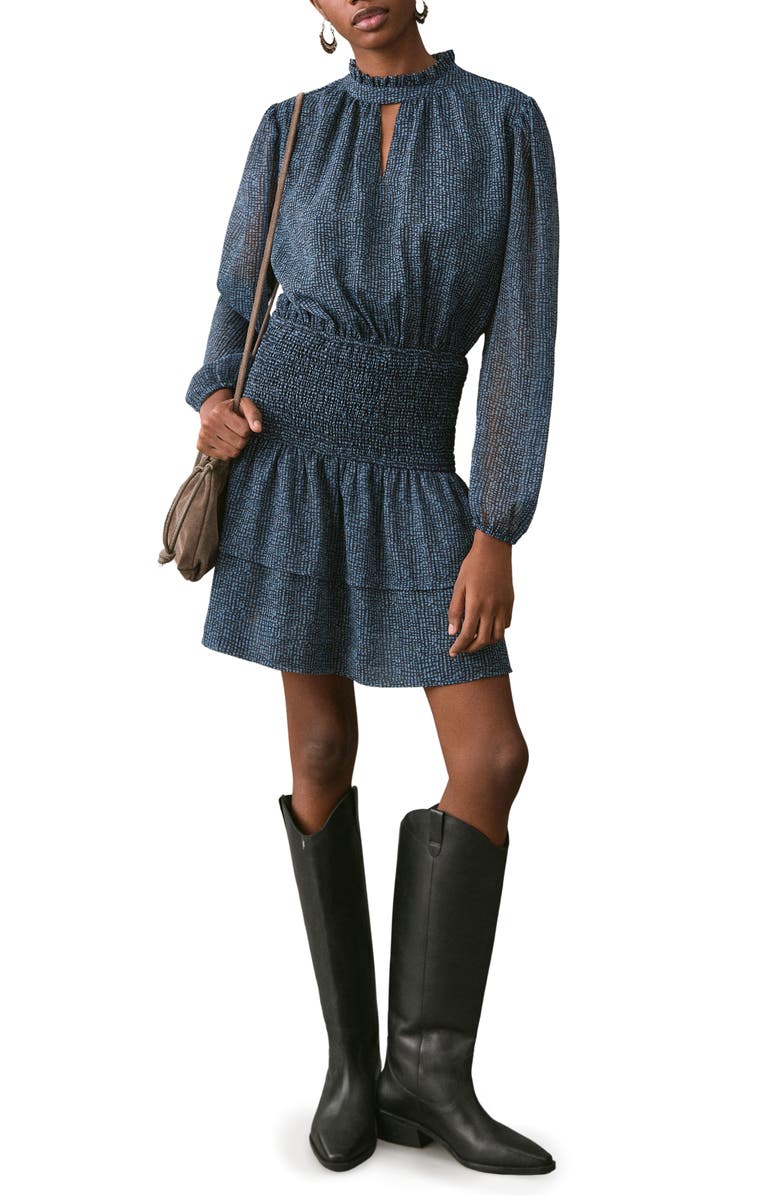 MANGO TEEN Ruffle Smocked Waist Long Sleeve Dress, Main, color, Blue