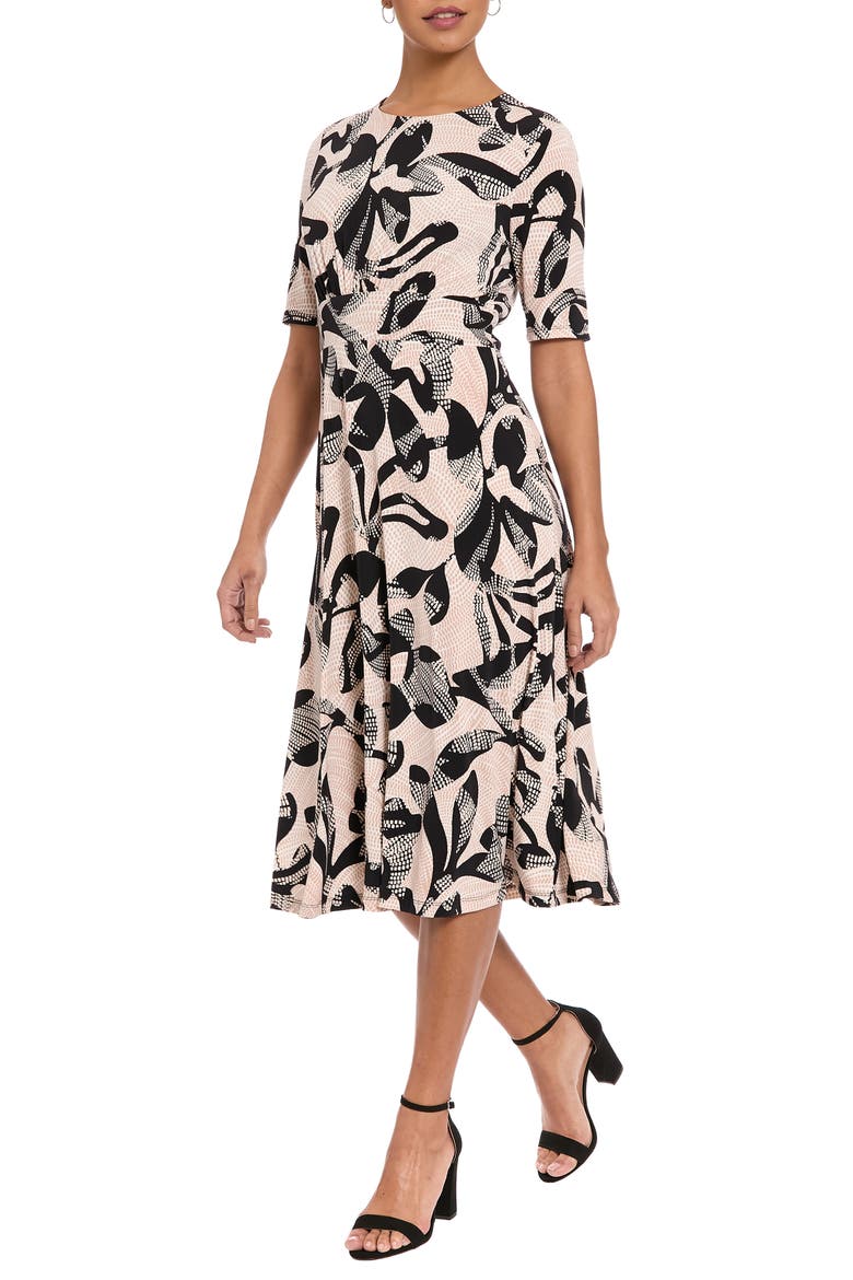 Short Sleeve Inset Waist Midi Dress, Alternate, color, BLACK/ TAN