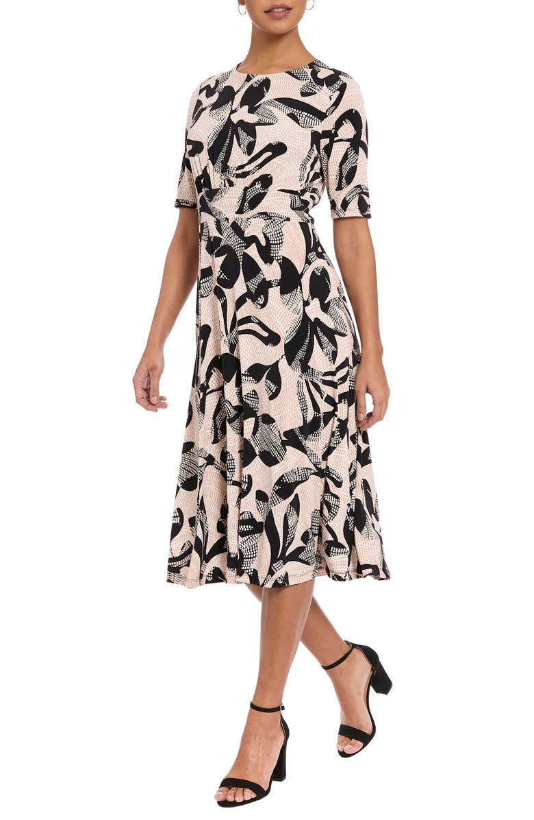 London Times Short Sleeve Inset Waist Midi Dress, Alternate, color, Black/ Tan