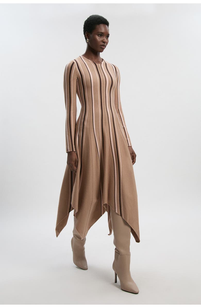 Karen Millen Asymmetric Hem Knit Midi Dress, Main, color, Camel