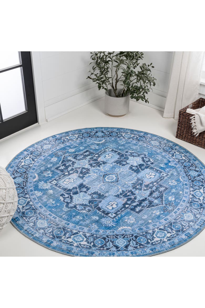 Maris Ornate Medallion Machine-Washable Round Area Rug, Main, color, Blue/Navy