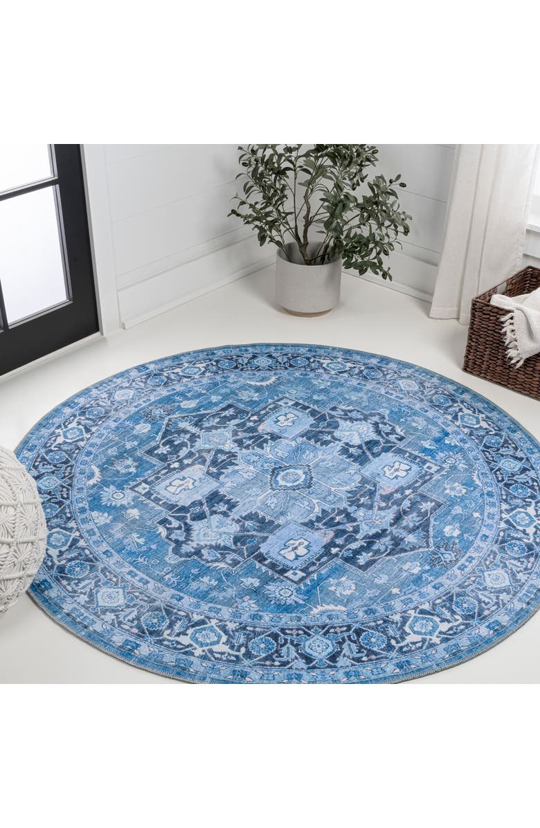 JONATHAN Y Maris Ornate Medallion Machine-Washable Round Area Rug, Main, color, Blue/Navy