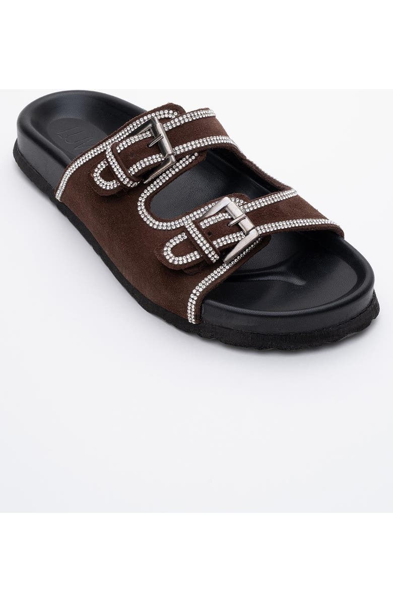 Forever & Always Shoes Allen Rhinestone Leather Slide Sandal, Alternate, color, Brown Suede Leather