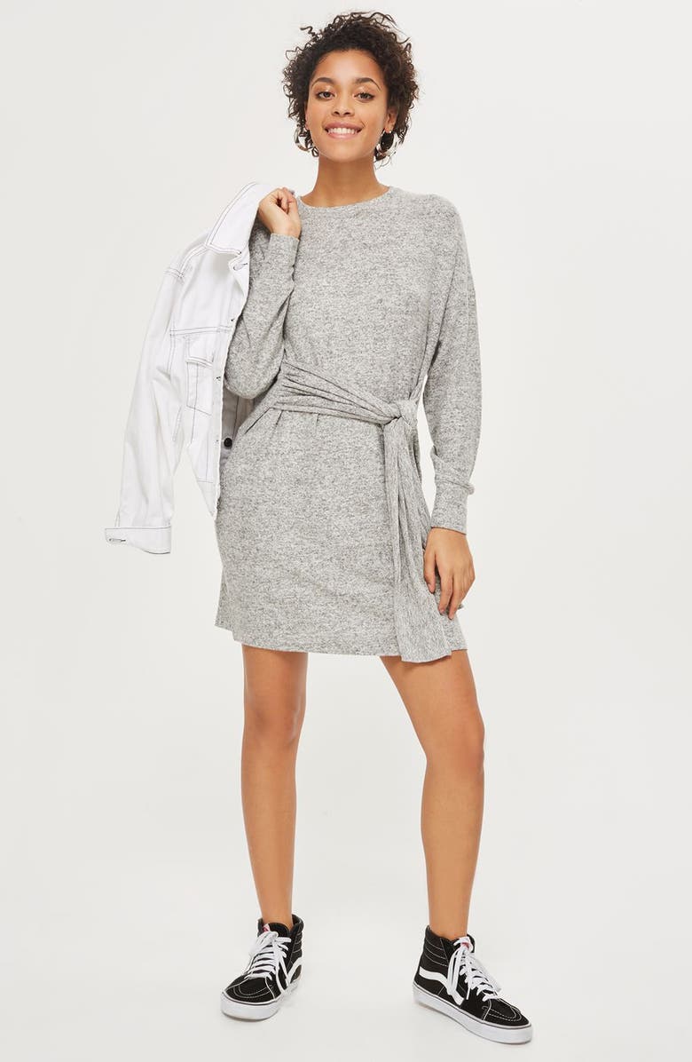 Topshop Tie Front Sweater Dress, Alternate, color,