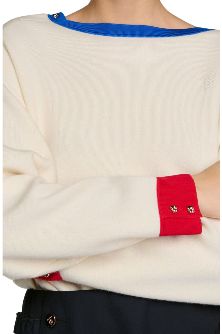 Contrast Round-neck Wool Sweater, Alternate, color, Ecru