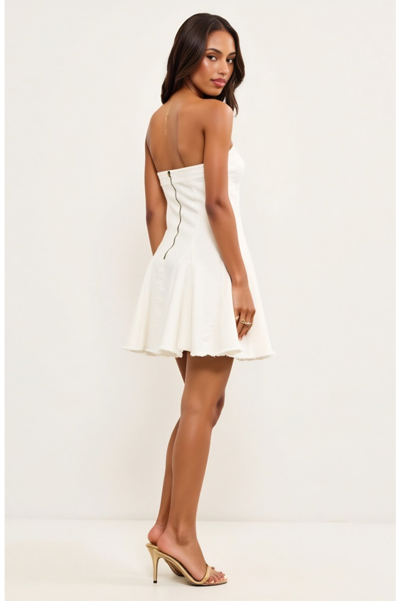 Strapless Fit-and-Flare Mini Denim Dress with Raw Edge Hem Detail, Alternate, color, White