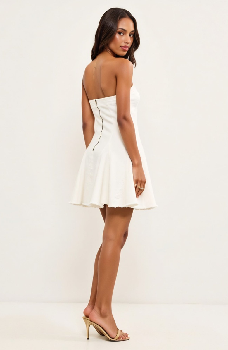 Modenaire Strapless Fit-and-Flare Mini Denim Dress with Raw Edge Hem Detail, Alternate, color, White