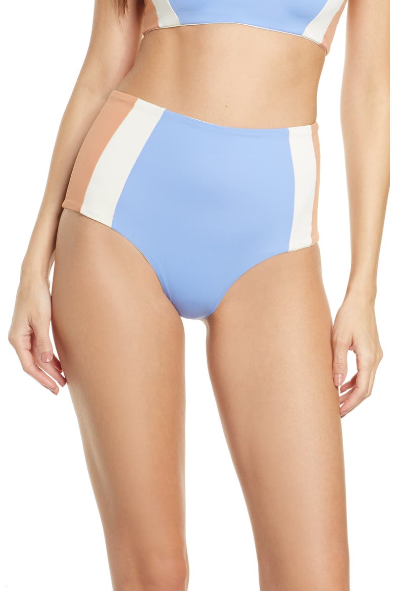 L Space Portia Girl High Waist Bikini Bottoms, Main, color, CREAM/ PALE BLUE