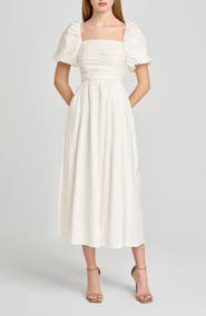 WAYF Lucy Ruched Puff Sleeve Midi Dress