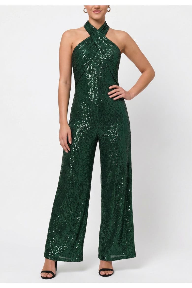 Goddess Sleeveless Sequin Jumpsuit, Main, color, Green Pasture