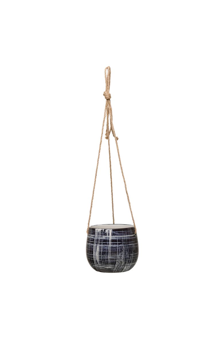 Storied Home Round Hanging Stoneware Planter with Line Patterns and Jute Rope, Main, color, 