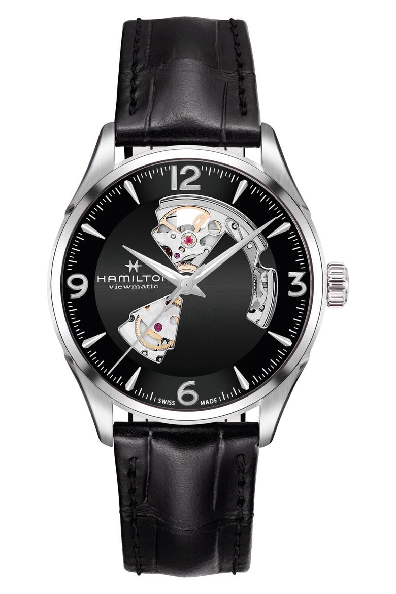 Jazzmaster Open Heart Automatic Leather Strap Watch, 42mm, Main, color, BLACK