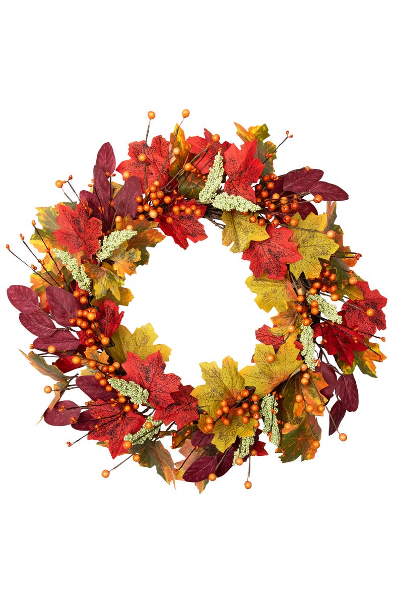 Northlight Leaves and Berries Artificial Fall Harvest Wreath - 20", Main, color, Red
